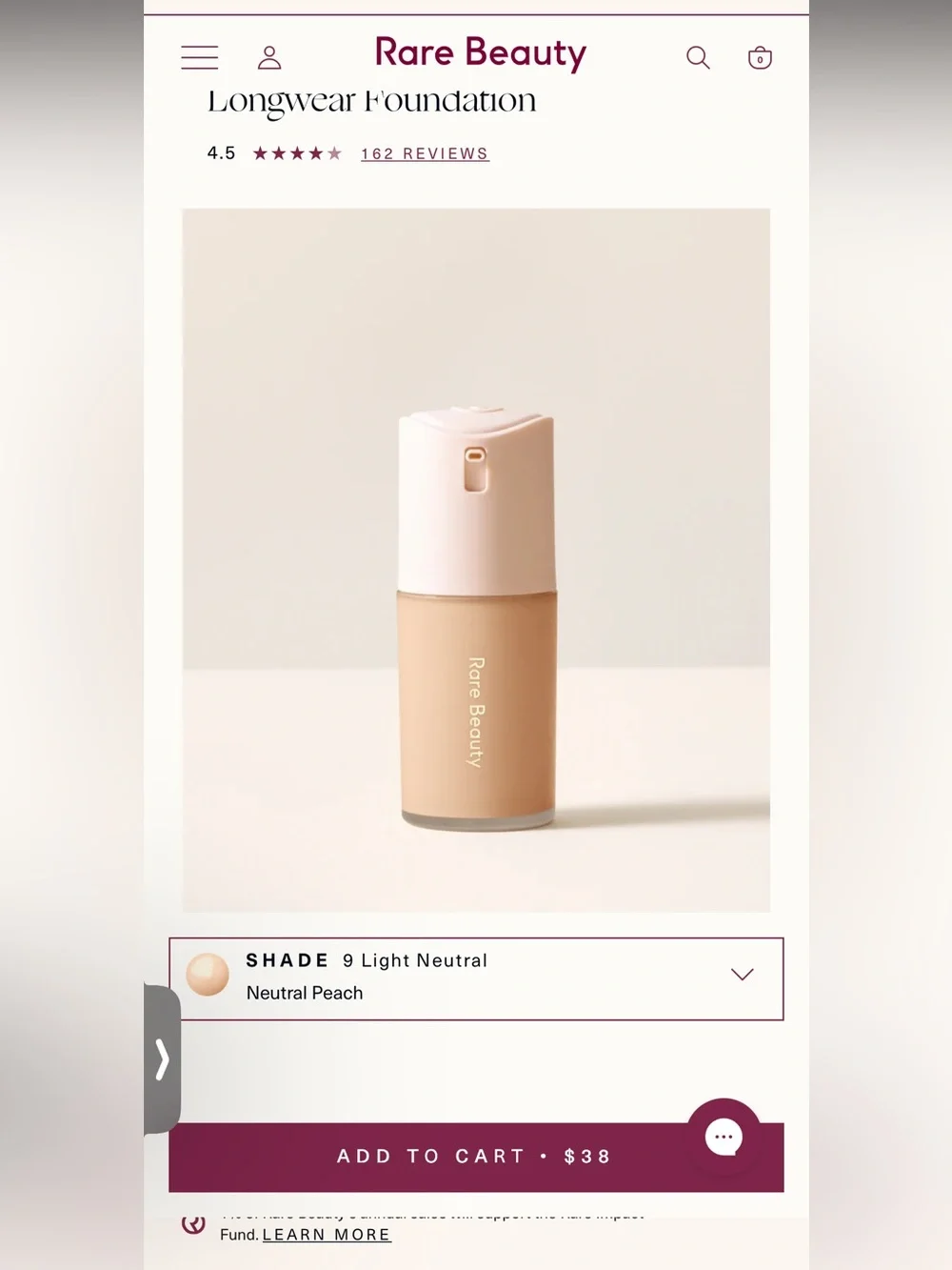 Rare Beauty Longwear Foundation — Neutral Peach (Light Neutral)
